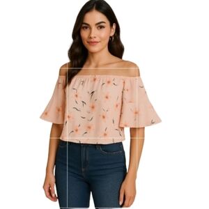 Roly Poly Off The Shoulder With Bell Short Sleeve Midrift Top Pink Medium